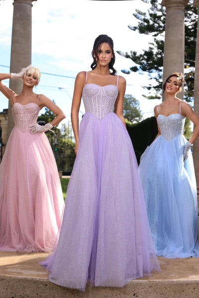 Portia & Scarlett PS25311 Spaghetti Straps A-Line Beaded Glitter Prom Ball Gown