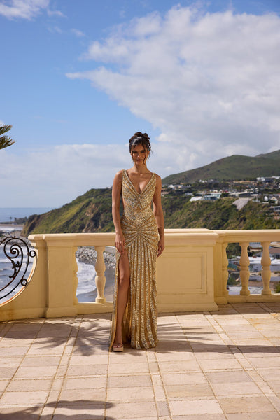 Sleeveless V-Neck Stripe Beaded Side Cutout Open Back Fitted Dress by Portia & Scarlett PS25453C