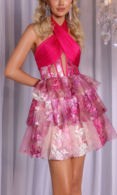 Portia and Scarlett PS25715 - Floral Embroidered Tiered Mini Dress