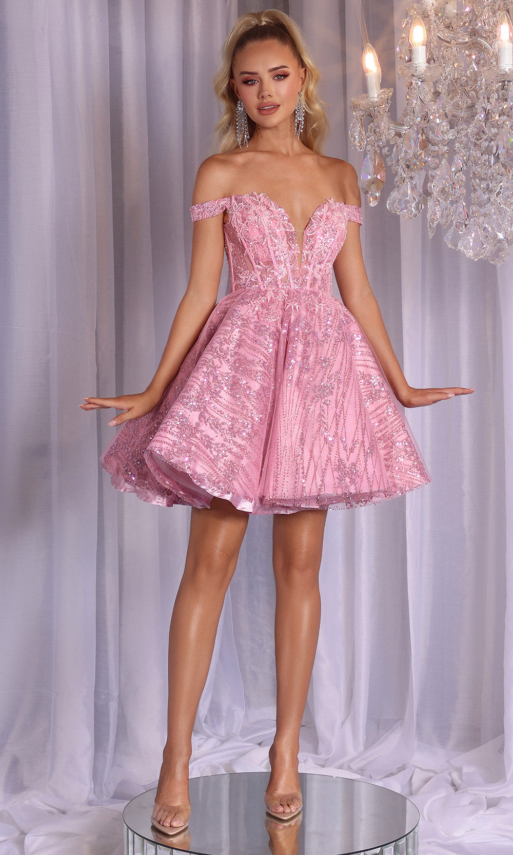 Portia and Scarlett PS25735 - Off Shoulder Sequin Lace Short Dress Cocktail Dresses