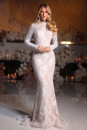 Portia and Scarlett PS25857E High Long-Sleeve Lace Corset Bodice Prom Dress