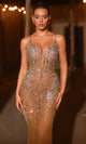 Sheer Crystal Embellished Gown with Plunging Neckline