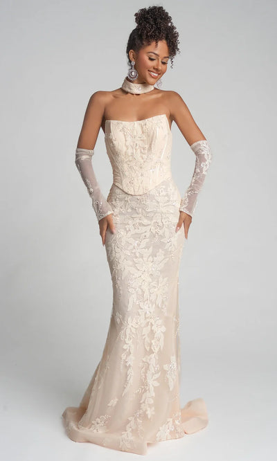 Strapless Floral Lace Mermaid Evening Gown with Choker Embellished Beaded Dress by Portia & Scarlett PS26005