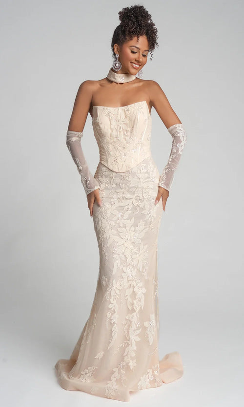 Strapless Floral Lace Mermaid Evening Gown with Choker Embellished Beaded Dress by Portia & Scarlett PS26005