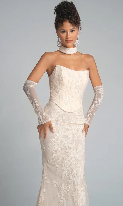 Strapless Floral Lace Mermaid Evening Gown with Choker Embellished Beaded Dress by Portia & Scarlett PS26005