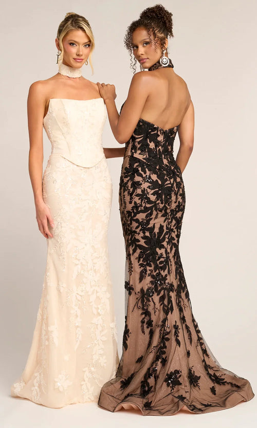Strapless Floral Lace Mermaid Evening Gown with Choker Embellished Beaded Dress by Portia & Scarlett PS26005