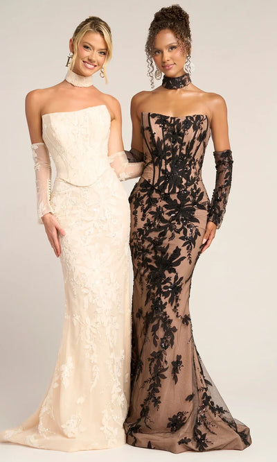 Strapless Floral Lace Mermaid Evening Gown with Choker Embellished Beaded Dress by Portia & Scarlett PS26005