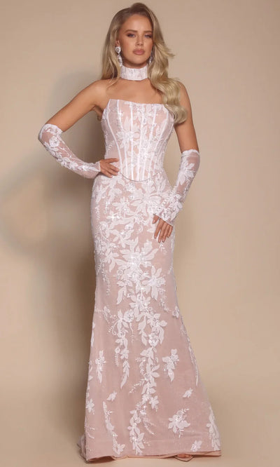 Strapless Floral Lace Mermaid Evening Gown with Choker Embellished Beaded Dress by Portia & Scarlett PS26005
