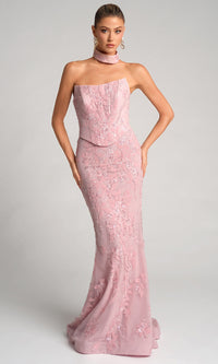 Strapless Floral Lace Mermaid Evening Gown with Choker Embellished Beaded Dress by Portia & Scarlett PS26005