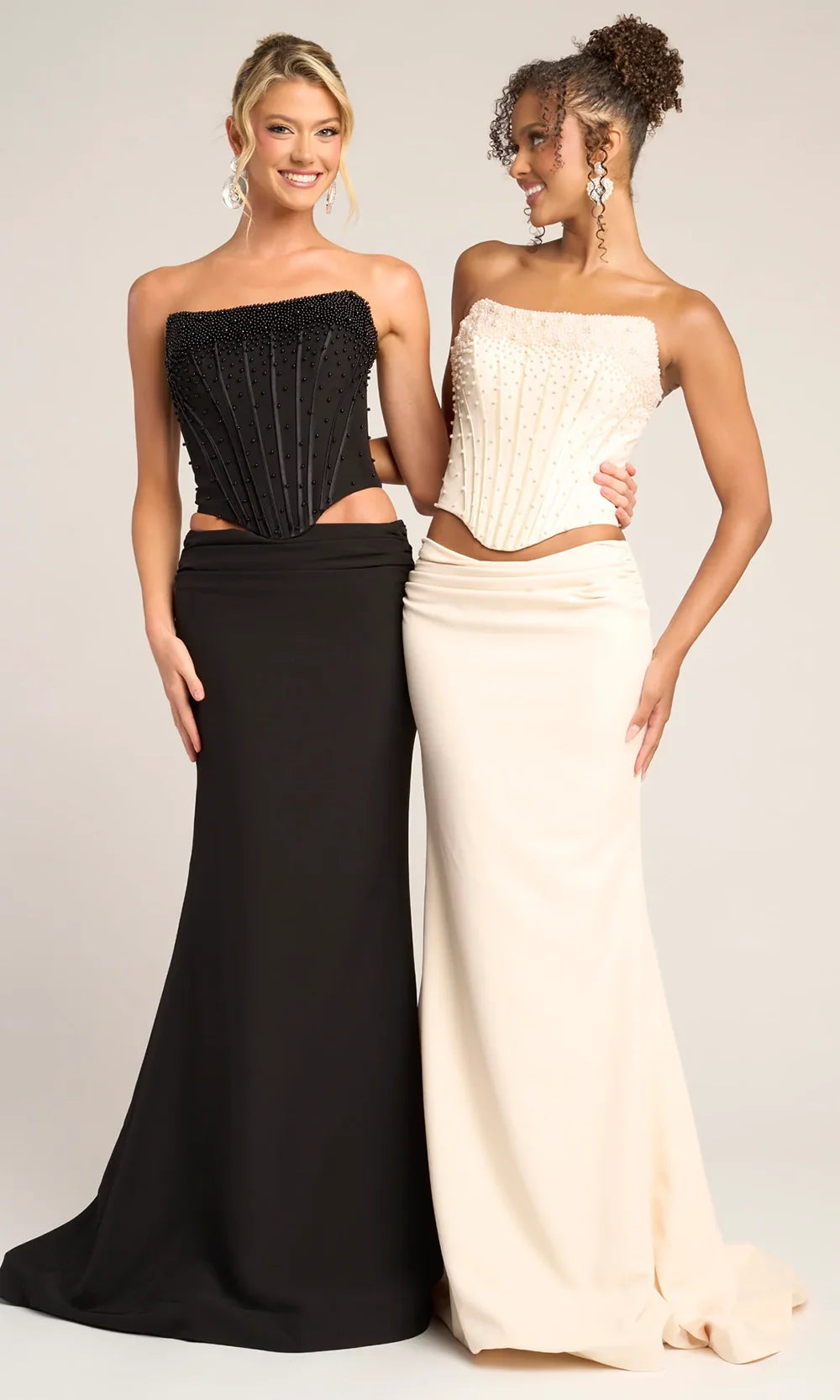 Portia and Scarlett PS26007 Long Strapless Sheath Beaded Mesh Corset Bodice Prom Dress