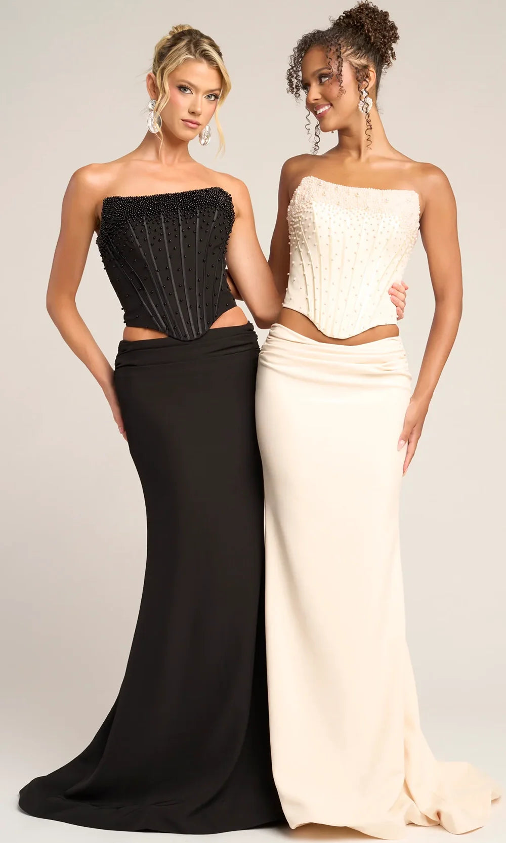 Portia and Scarlett PS26007 Long Strapless Sheath Beaded Mesh Corset Bodice Prom Dress