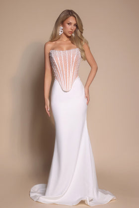Portia and Scarlett PS26008 Long Scoop Sleeveless Sheath Beaded Mesh Corset Bodice Prom Dress
