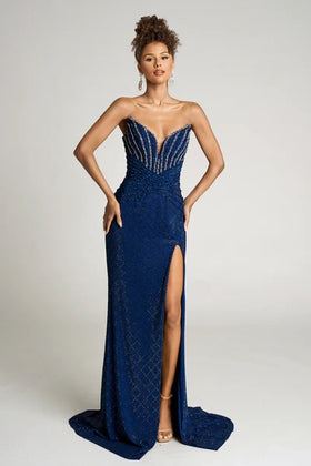Portia and Scarlett PS26016 Long Plunging V-Neck Sleeveless Mermaid Stretch Knit Beaded Detail Prom Dress