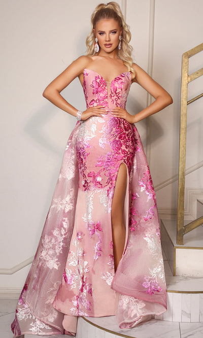 Strapless Floral Gown with Illusion Neckline by Portia and Scarlett