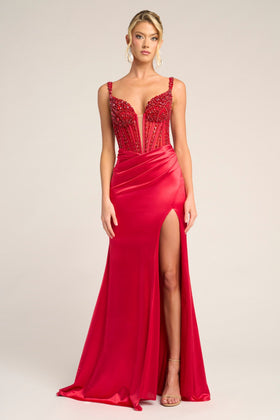 Portia and Scarlett PS26046 Long Sweetheart Sleeveless Sheath Satin Corset Bodice Prom Dress