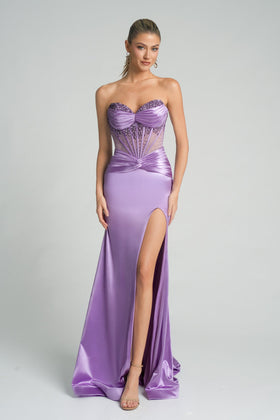 Portia and Scarlett PS26085 Long Sweetheart Sleeveless Satin Corset Bodice Beaded Detail Prom Dress