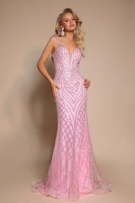 Portia and Scarlett PS26089 Long Plunging V-Neck Sleeveless Sheath Sequin Beaded Detail Prom Dress