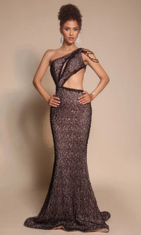 One Shoulder Sequin Cutout Gown Beaded Strap Mermaid Formal Dress by Portia & Scarlett PS26115