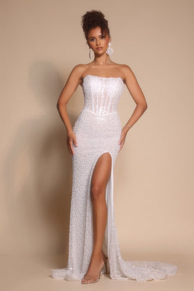 Portia and Scarlett PS26173 Long Strapless Sheath Mesh Corset Bodice Prom Dress
