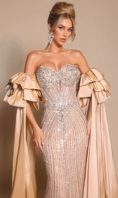 Beaded Strapless Mermaid Gown with Detachable Satin Cape Sleeves by Portia and Scarlett PS26195