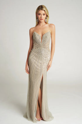 Portia and Scarlett PS26237 Long Sweetheart Sleeveless Sheath Mesh Beaded Detail Embellished Detail Prom Dress