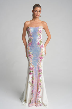 Portia and Scarlett PS26286 Long Strapless Mermaid Embroidered Detail Floral Appliqué Prom Dress