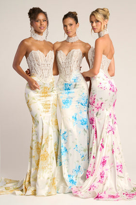 Portia and Scarlett PS26299 Long Sweetheart Sleeveless Mermaid Satin Corset Bodice Embroidered Detail Prom Dress
