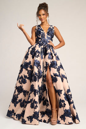 Portia and Scarlett PS26312E Long V-Neck Sleeveless A-Line Satin Beaded Detail Prom Dress