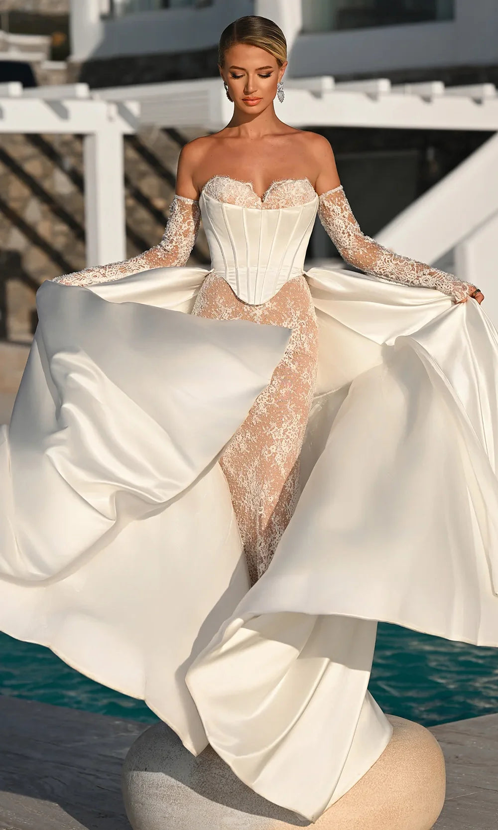 Sweetheart Strapless Boned Corset Beaded Lace Mermaid Evening Gown by Portia and Scarlett PS26328E