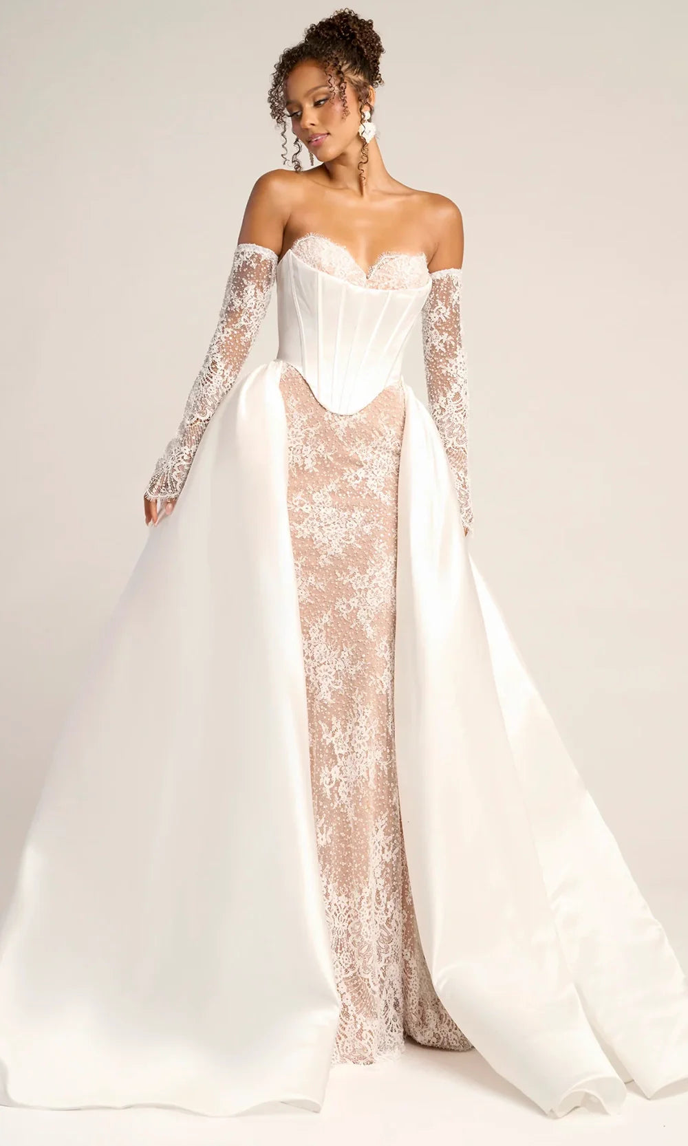Sweetheart Strapless Boned Corset Beaded Lace Mermaid Evening Gown by Portia and Scarlett PS26328E