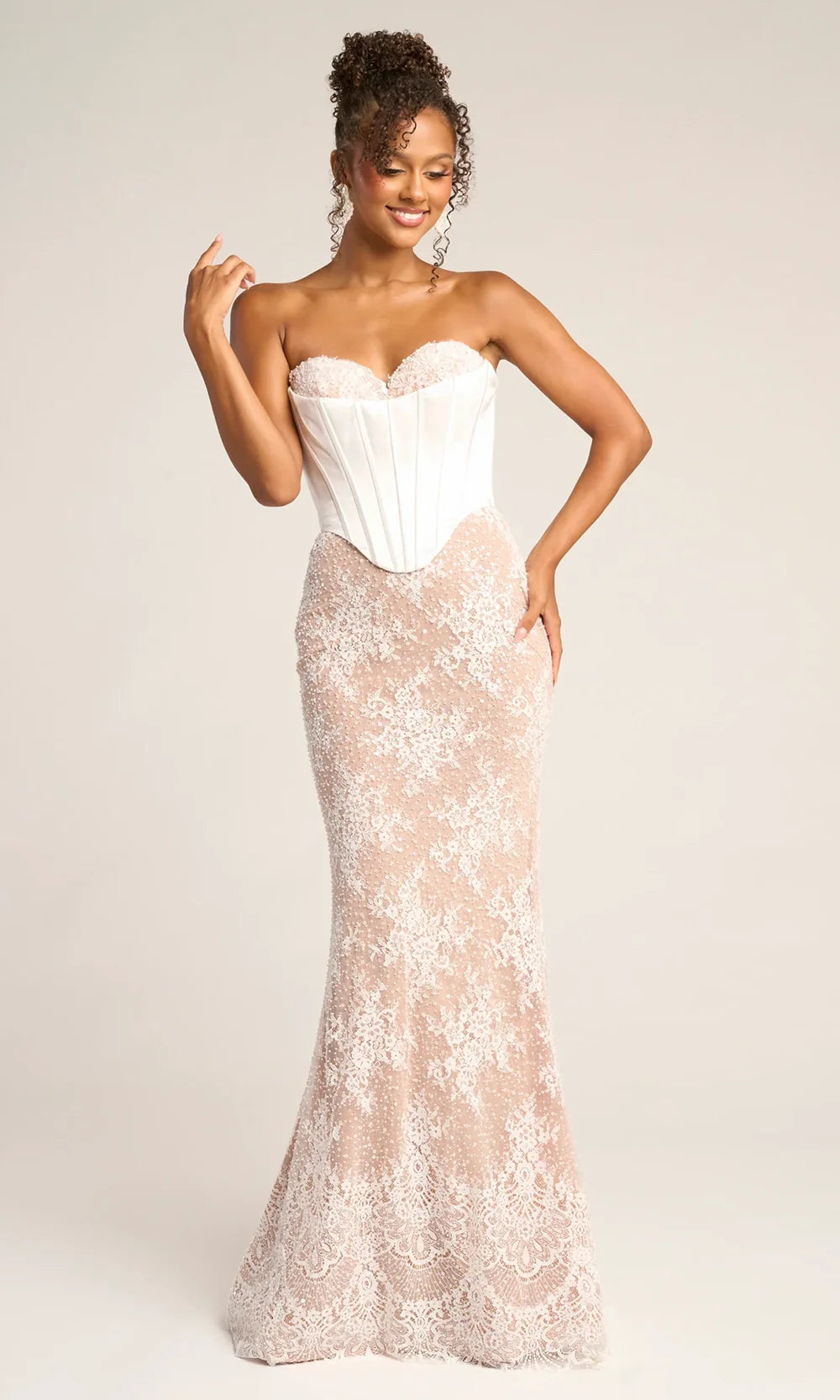 Sweetheart Strapless Boned Corset Beaded Lace Mermaid Evening Gown by Portia and Scarlett PS26328E