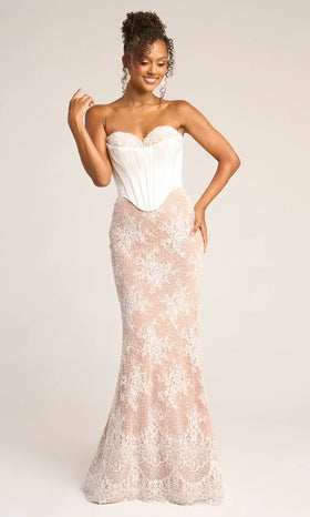 Sweetheart Strapless Boned Corset Beaded Lace Mermaid Evening Gown by Portia and Scarlett PS26328E