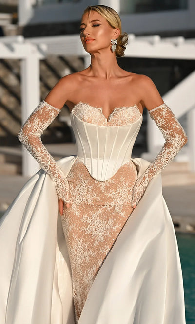 Sweetheart Strapless Boned Corset Beaded Lace Mermaid Evening Gown by Portia and Scarlett PS26328E