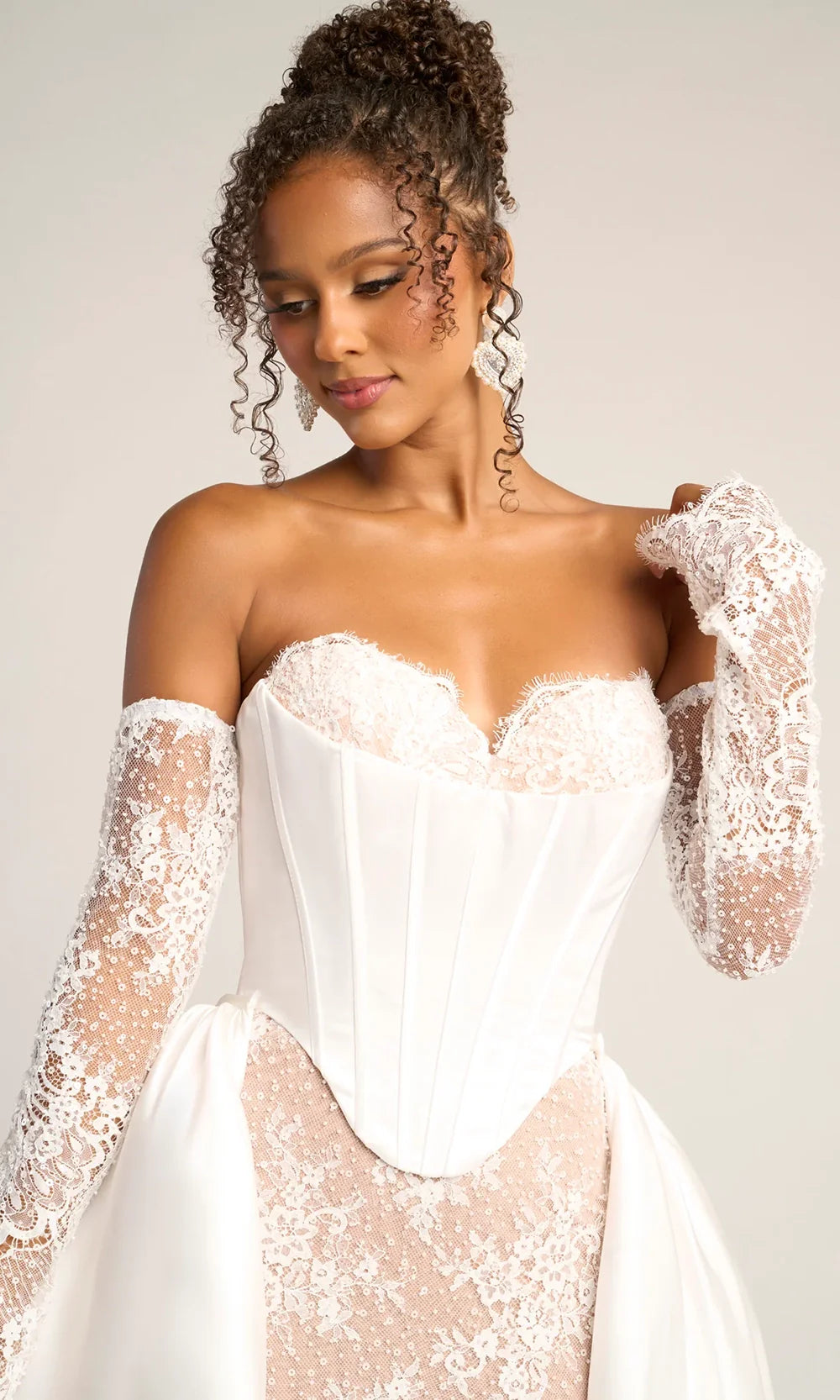 Sweetheart Strapless Boned Corset Beaded Lace Mermaid Evening Gown by Portia and Scarlett PS26328E
