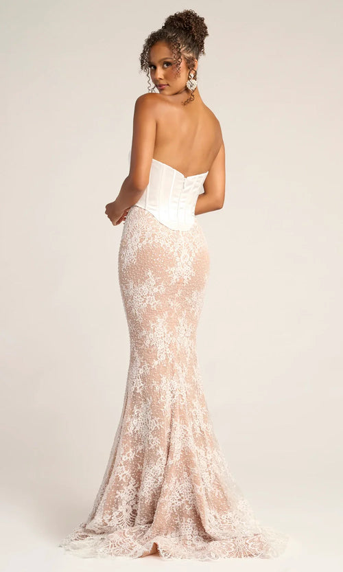 Sweetheart Strapless Boned Corset Beaded Lace Mermaid Evening Gown by Portia and Scarlett PS26328E