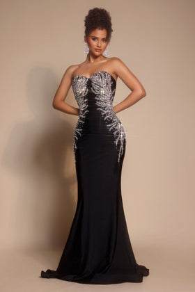 Portia and Scarlett PS26331E Long Sweetheart Sleeveless Mermaid Jersey Crystal and Rhinestone Detail Beaded Detail Prom Dress