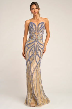 Portia and Scarlett PS26401C Long Sweetheart Sleeveless Mermaid Beaded Mesh Corset Bodice Prom Dress