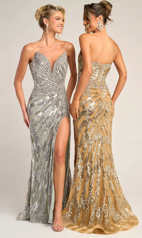 Strapless Sequin Sheath Gown with Sweetheart Neckline & High Slit by Portia and Scarlett PS26413C