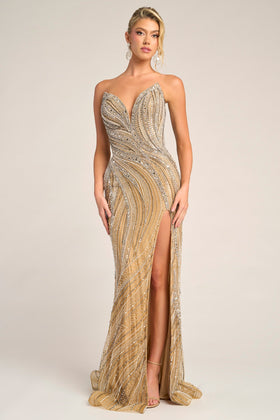 Portia and Scarlett PS26417C Long Plunging V-Neck Sleeveless Sheath Sequin Beaded Detail Prom Dress