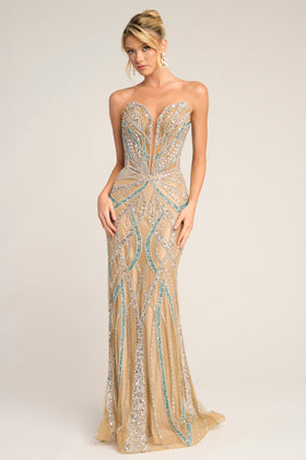 Portia and Scarlett PS26423C Long Sweetheart Sleeveless Sheath Beaded Mesh Beaded Detail Prom Dress