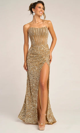 Strapless Sequin Gown with Slit Luxury Bodice Prom Dress by Portia & Scarlett PS26430C