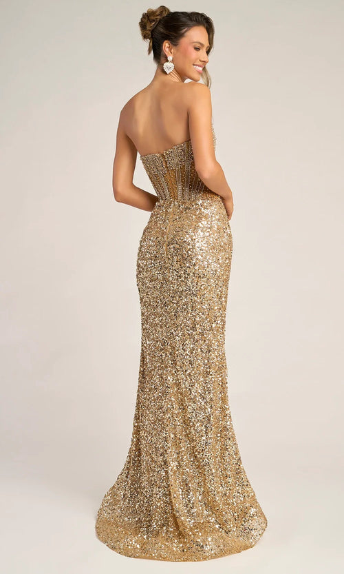 Strapless Sequin Gown with Slit Luxury Bodice Prom Dress by Portia & Scarlett PS26430C