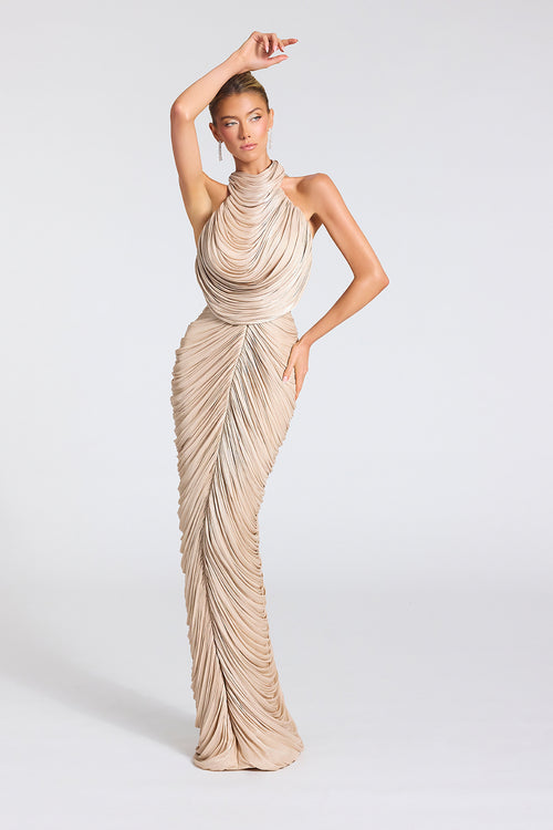 Metallic Pleated Two-Piece Prom Dress with Rhinestone Chain Open Back by Portia & Scarlett PS27090