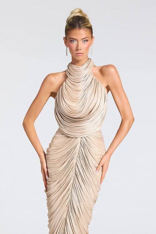 Metallic Pleated Two-Piece Prom Dress with Rhinestone Chain Open Back by Portia & Scarlett PS27090