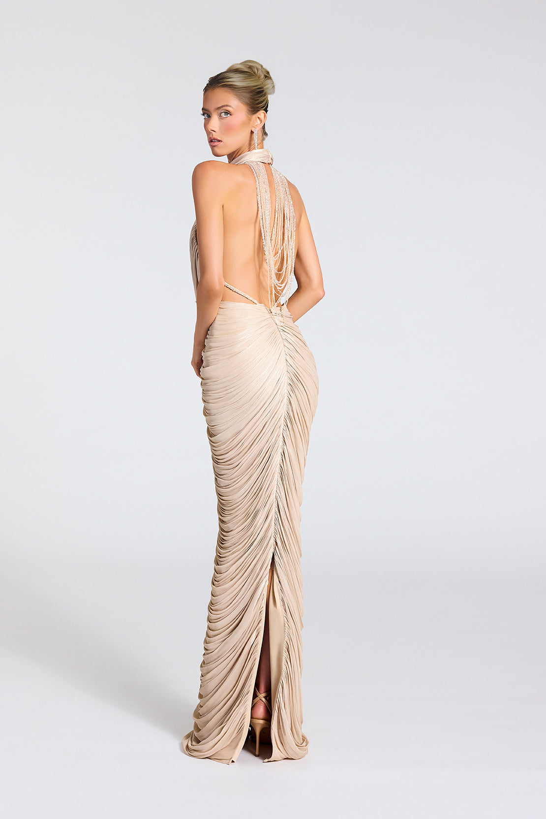 Metallic Pleated Two-Piece Prom Dress with Rhinestone Chain Open Back by Portia & Scarlett PS27090