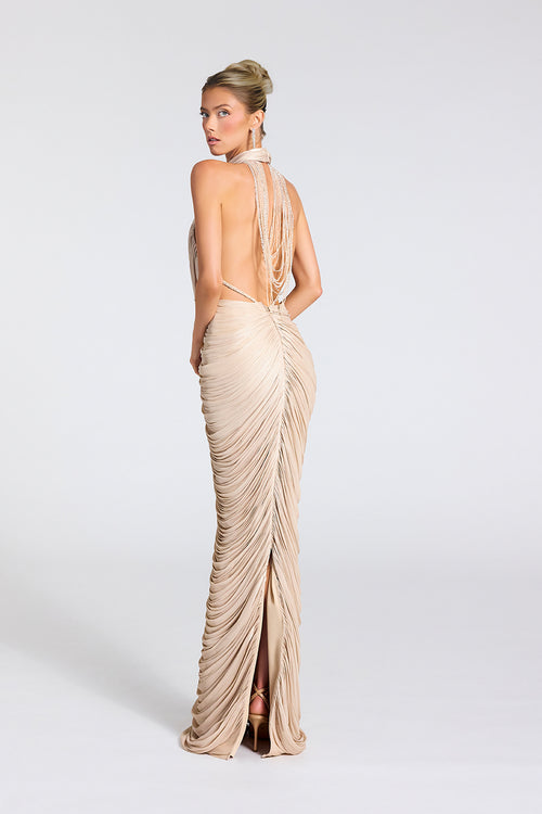 Metallic Pleated Two-Piece Prom Dress with Rhinestone Chain Open Back by Portia & Scarlett PS27090