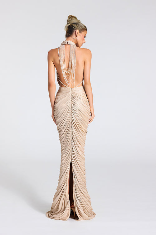 Metallic Pleated Two-Piece Prom Dress with Rhinestone Chain Open Back by Portia & Scarlett PS27090
