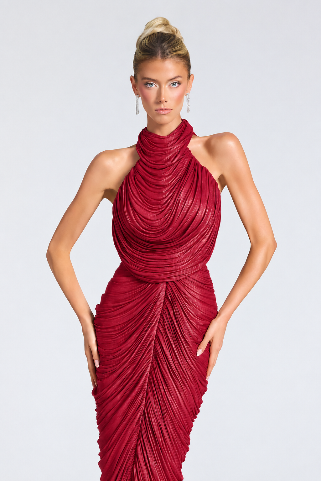 Metallic Pleated Two-Piece Prom Dress with Rhinestone Chain Open Back by Portia & Scarlett PS27090