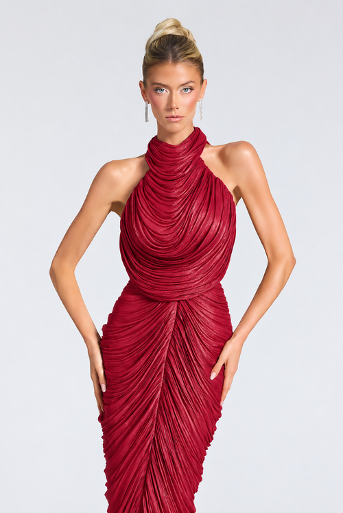 Metallic Pleated Two-Piece Prom Dress with Rhinestone Chain Open Back by Portia & Scarlett PS27090