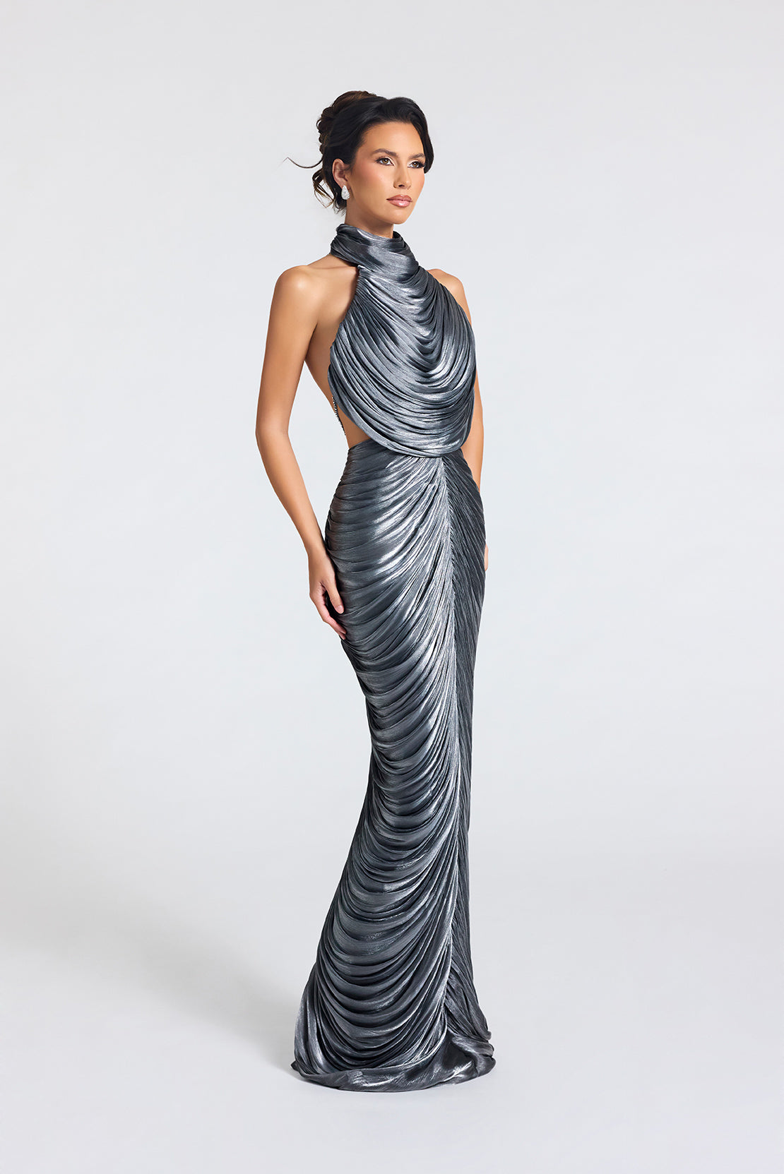 Metallic Pleated Two-Piece Prom Dress with Rhinestone Chain Open Back by Portia & Scarlett PS27090